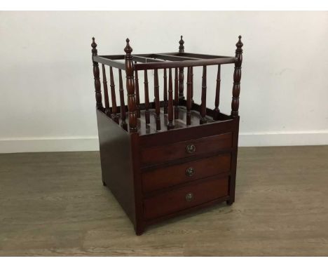 MAHOGANY CANTERBURY  WITH A FIRESCREEN AND AN OPEN BOOKCASE  the canterbury with three drawers, Qty: 3