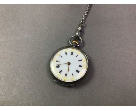 SWISS SILVER CASED LADIES FOB WATCH EARLY 20TH CENTURY suspended on a white metal link Albertina chain