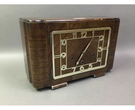 ART DECO STYLE MANTEL CLOCK the square brass dial with Arabic numerals, in a mahogany case33cm wide