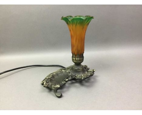 TABLE LAMP OF ART NOUVEAU DESIGN LATE 20TH CENTURY with mottled coloured glass shade on cast bronzed base22cm high The lamp a