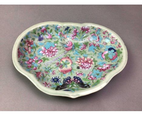 CELADON DISH AND A LIDDED DISH  the celadon dish decorated with butterflies and flowers, the lidded dish decorated with peaco