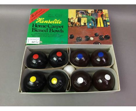 SET OF HENSELITE CARPET BOWLS AND OTHER ITEMS  including lamps, telephone and an enamel wall art of an owl