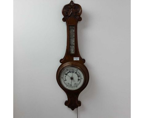 VICTORIAN ANEROID BAROMETER AND THERMOMETER in an oak case