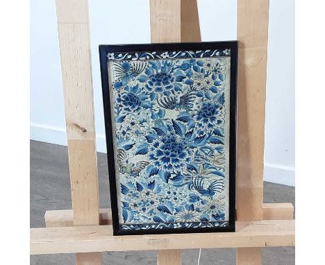 19TH CENTURY CHINESE EMBROIDERED SILK PANEL decorated with butterflies and folliage, framed and under glass34cm x 20cm