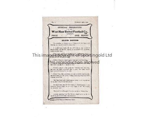 WEST HAM UNITED / FIRST LEAGUE SEASON 1919/1920       Programme for the home League match v Bristol City 25/12/1919, slight h