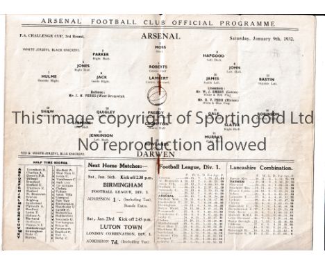 ARSENAL / RECORD CUP WIN       Programme for the home FA Cup tie v Darwen 9/1/1932 in which Arsenal won 11-1. Vertical fold. 