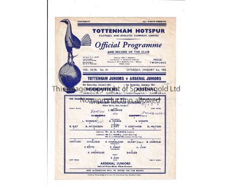 TOTTENHAM HOTSPUR V ARSENAL 1955     Single sheet programme for the South East Counties League match at Tottenham 1/1/1955, v