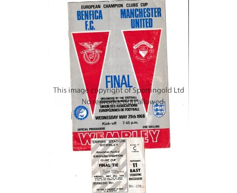 1968 EUROPEAN CUP FINAL   Programme and ticket for the game at Wembley between Benfica and Manchester United on 29/5/68. The 