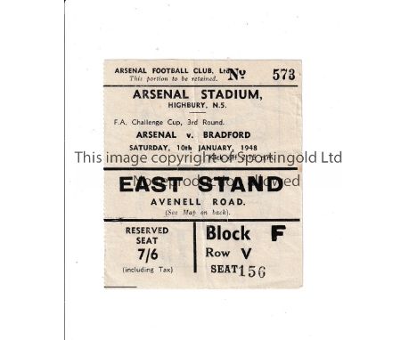 ARSENAL      Ticket for the home FA Cup tie v Bradford Park Avenue 10/1/1948, very slightly creased.     Generally good