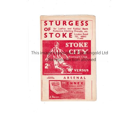 ARSENAL     Programme for the away League match v Stoke 1951/52, very slightly creased.     Good