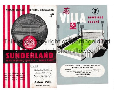 1963 LEAGUE CUP SEMI-FINAL    Two programmes for the first leg at Sunderland v Aston Villa, creased and slightly worn on the 
