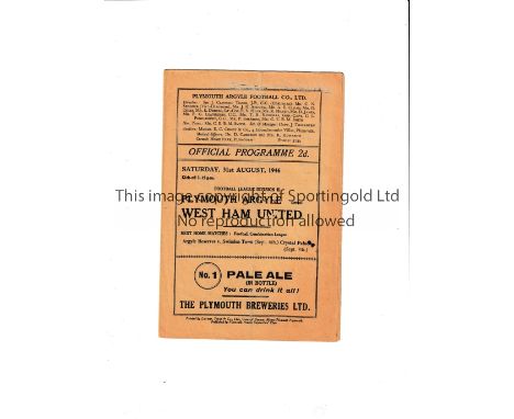 PLYMOUTH ARGYLE v WEST HAM UNITED 1946 / FIRST POST WW11 LEAGUE MATCH    Plymough for the match at Plymough 31/8/46, fold and