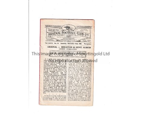 ARSENAL       Programme for the home London Combination match v Brighton &amp; Hove Albion 12/11/1938, vertical crease.    Ge