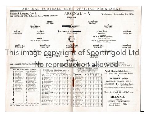 ARSENAL   Programme for the home League match v Brentford 9/9/1936, very slight vertical crease, team changes and scores ente