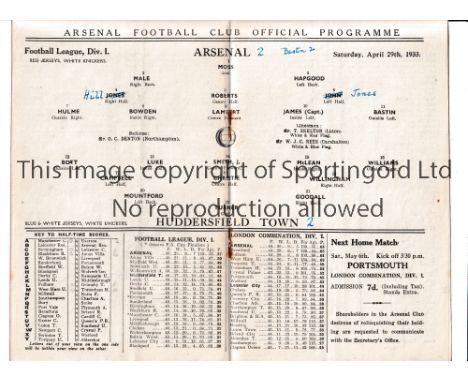 ARSENAL       Programme for the home League match v Huddersfield Town 29/4/1933, Championship Issue, team changes and scores 