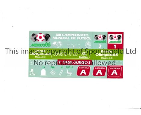 1986 WORLD CUP      Unused ticket for Argentina v Bulgaria 10/6/1986 at the Olympic 68 Stadium. Staple holes on the left.   G