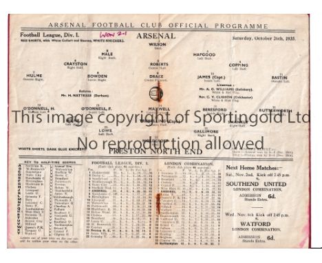ARSENAL       Programme for the home League match v Preston North End 26/10/1935, folded, scores entered and slightly worn.  