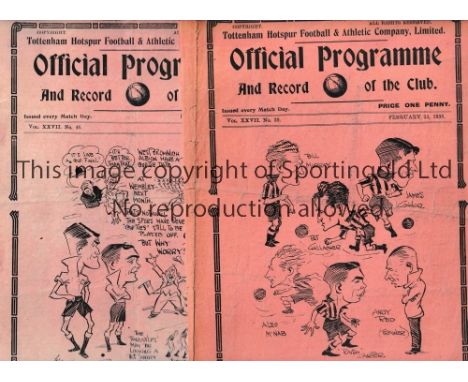 TOTTENHAM HOTSPUR     Ten home programmes v Sunderland 23/2/35, folded, WBA 30/3/35, punched holes repaired and folded Southa