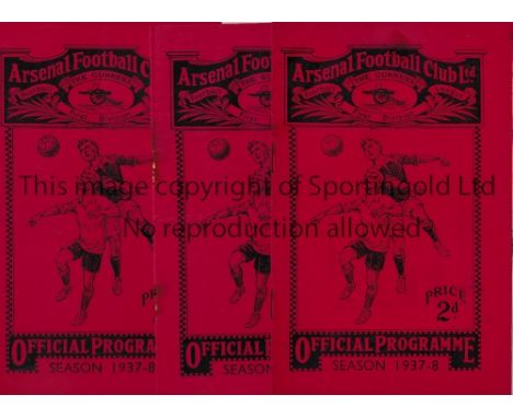 ARSENAL      Three home programmes v Huddersfield Town 1/9/37, Bolton Wanderers 8/1/1938 FA Cup, staples rusted away and slig
