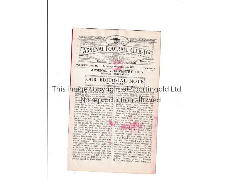 ARSENAL       Programme for the home London Combination match v Coventry City 4/12/1937, slightly creased and staples removed