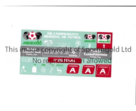 1986 WORLD CUP      Unused ticket for Spain v Belgium Quarter-Final 22/6/1986 at the Cuauhtemoc Stadium. Staple holes on the 