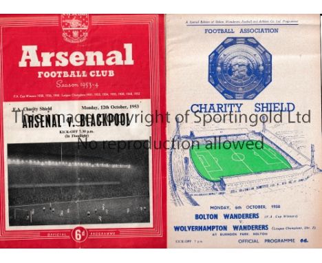 CHARITY SHIELD 1953 &amp; 1958     Programme for Arsenal at home v Blackpool 12/10/1953, slight vertical crease and team chan