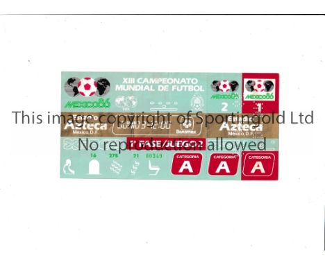 1986 WORLD CUP      Unused ticket for Belgium v Mexico 3/6/1986 at the Aztec Stadium. Slightly creased and staple holes botto
