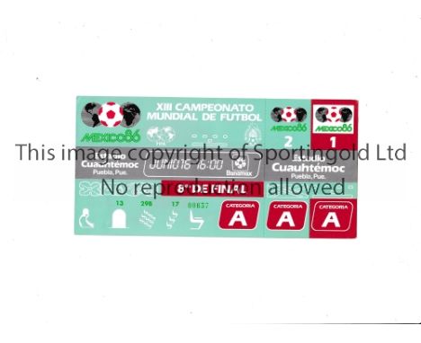 1986 WORLD CUP      Unused ticket for Argentina v Uruguay Round of 16 match  16/6/1986 at the Cuauhtemoc Stadium. Staple hole