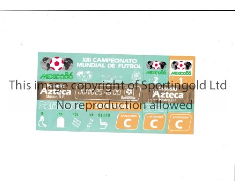 1986 WORLD CUP      Unused ticket for Semi-Final, Argentina v Belgium 25/6/1986 at the Aztec Stadium. Staple holes on the lef