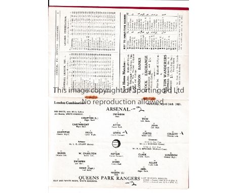ARSENAL       Programme for the home London Combination match v QPR 24/4/1937, staples rusted away and scores entered.    Gen