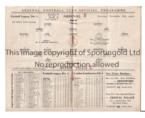 ARSENAL       Programme for the home League match v Aston Villa 8/11/1930, slightly folded in four, team changes and scores e