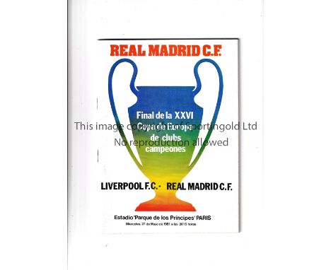 1981 EUROPEAN CUP FINAL       Official 52 page programme issued by Real Madrid for the match in Paris v Liverpool.    Very go
