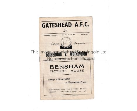 GATESHEAD V WORKINGTON / FIRST SEASON WORKINGTON      Programme for the match at Gateshead 13/10/1951 in Workington's first L