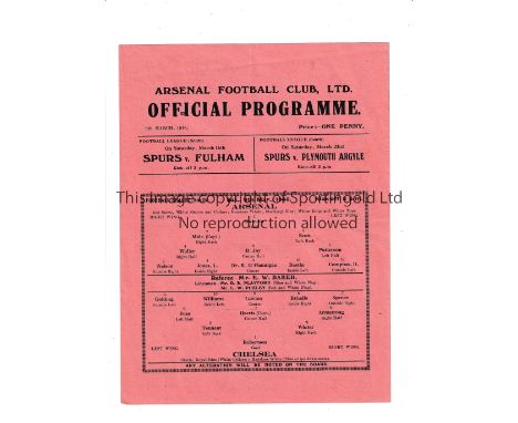 ARSENAL V CHELSEA 1946     Single sheet programme for the Arsenal home FL South match 9/3/1946, very slight horizontal crease