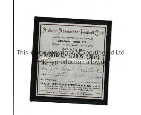 ARDWICK ASSOCIATION F.C. / MANCHESTER CITY      Season ticket card for season 1892-93 available to Uncovered Stands (Boys) nu