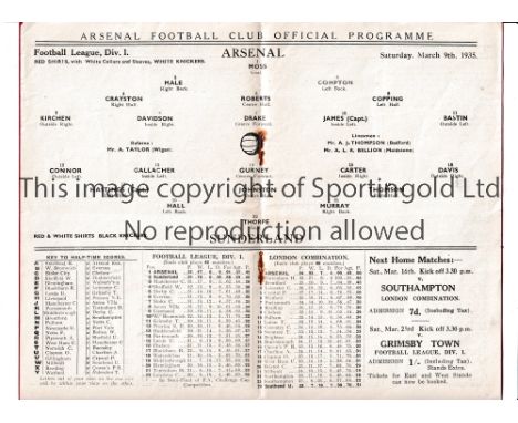 ARSENAL / RECORD ATTENDANCE AT HIGHBURY     Home programme for the League match v Sunderland 9/3/1935 in front of 72,395 supp