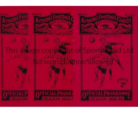 ARSENAL     Three home programmes  v Derby County 9/11/35, name on cover and staples rusted away, Wolves  23/11/35, rusty sta