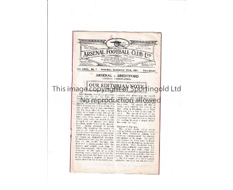 ARSENAL     Programme for the home London Combination match v  Brentford 22/9/1934, slightly creased.     Generally good