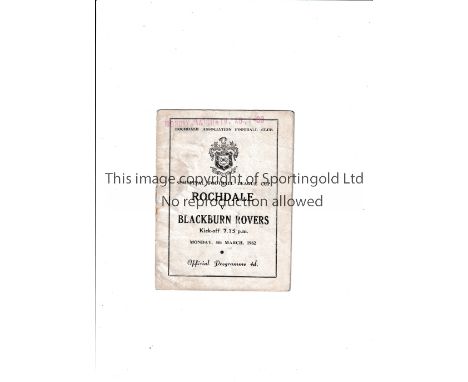 1962 LEAGUE CUP SEMI-FINAL   Programme for the first leg at Rochdale v Blackburn Rovers, slightly creased, hole in the back c
