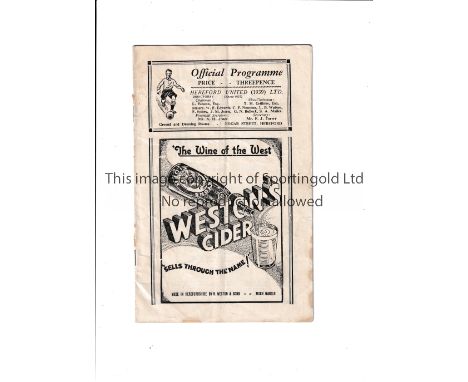 HEREFORD UNITED V SCUNTHORPE UNITED 1950/1 FA CUP / FIRST AS A LEAGUE CLUB      Programme for the tie at Hereford 11/11/1950 