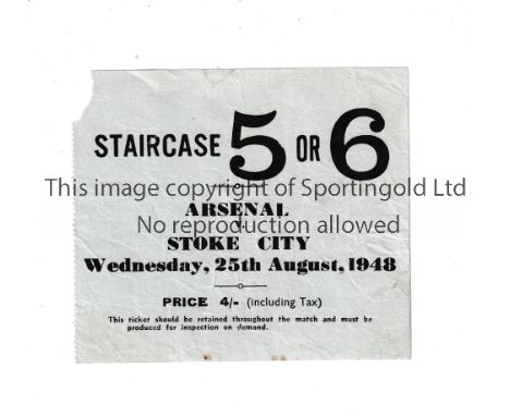 ARSENAL     Ticket for the home League match v Stoke City 25/8/1948, minor paper loss top left.     Generally good