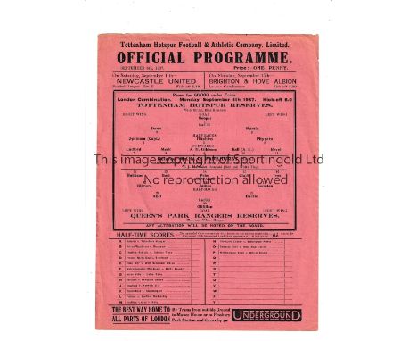 TOTTENHAM HOTSPUR       Single sheet programme for the home London Combination match v QPR 6/9/1937.     Generally good