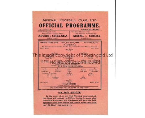 ARSENAL     Single sheet programme for the home FL South match v Watford 23/10/1943, slightly creased.    Generally good