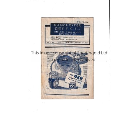 MANCHESTER CITY     Programme for the home match v Bury 4/9/1946 in their first home League match after WWII, creased and sli