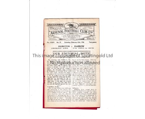 NEUTRAL AT ARSENAL       Programme for the Schools Star Shield match at Highbury 15/2/1936, Islington v Harrow, slightly crea