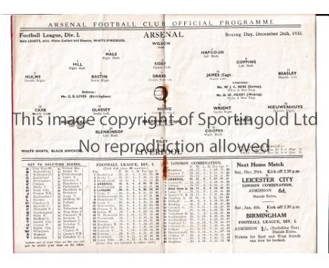 ARSENAL       Programme for the home League match v Liverpool 26/12/1935, slightly creased and slightly rusty staples.     Ge
