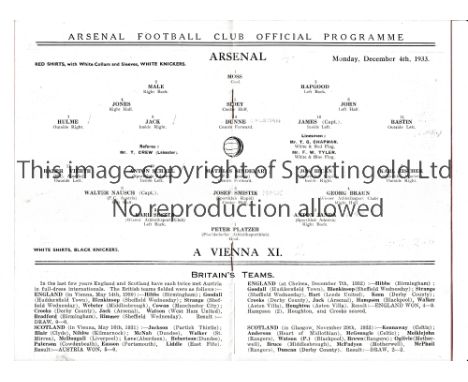 ARSENAL       Programme for the home Friendly v A Vienna XI 4/12/1933, team changes and scores entered.     Generally good