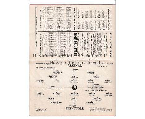 ARSENAL       Programme for the home League match v Brentford 6/5/1939, very slight vertical crease and re-stapled.    Genera