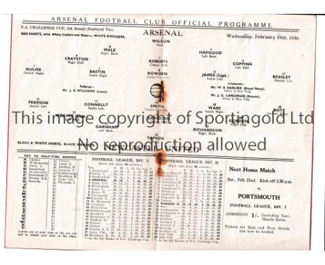 ARSENAL       Programme for the home FA Cup tie v Newcastle United 19/2/1936 in Arsenal's successful year, slightly creased a