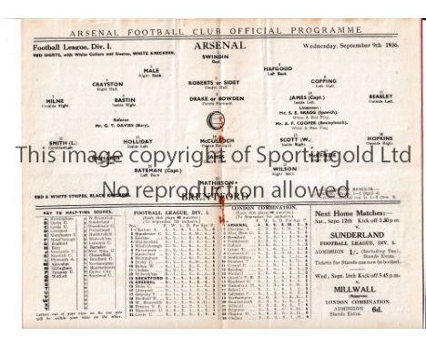 ARSENAL     Programme for the home League match v Brentford 9/9/1936, staples removed.    Generally good